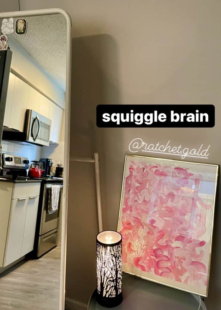 Ratchet Gold Art Walk Fan Instagram mention Squiggle brain noodle brain pink framed painting